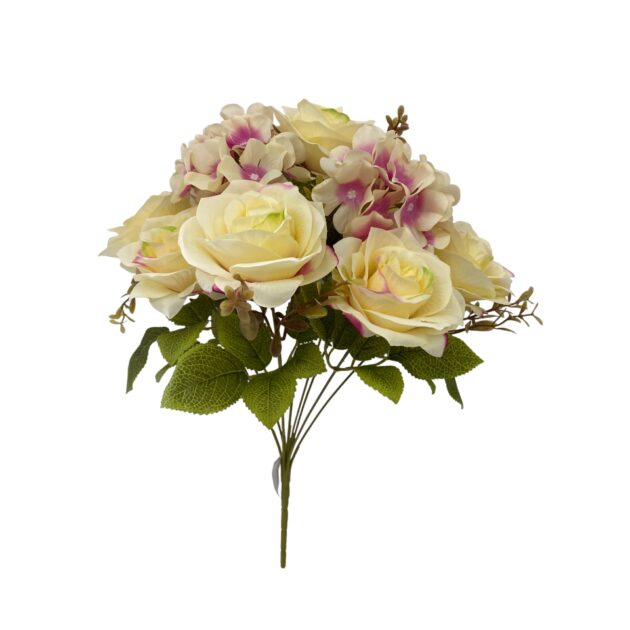 9-head hydrangea and rose mixed bunch – colour cr. pink