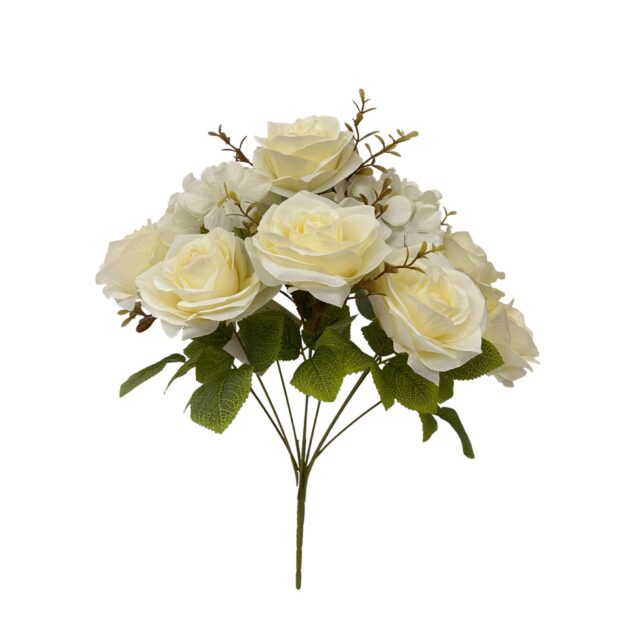 9-head hydrangea and rose mixed bunch – ivory