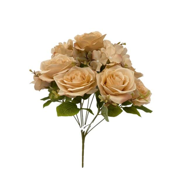 9-head hydrangea and rose mixed bunch – ochre colour